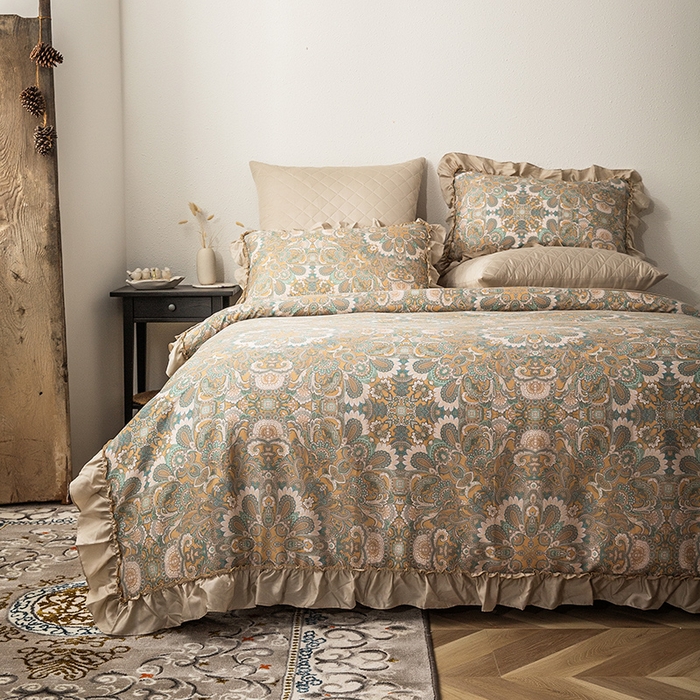 恩和家纺 2026新款50s莱赛尔天丝法式花边款法式飞边床盖四件套 繁花