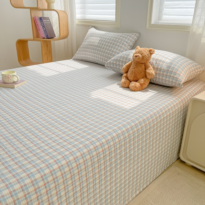 91家纺网 家纺一手货源 找家纺 温眠家纺 2025新款水洗棉色织单床单系列-叠拍 典雅格-蓝