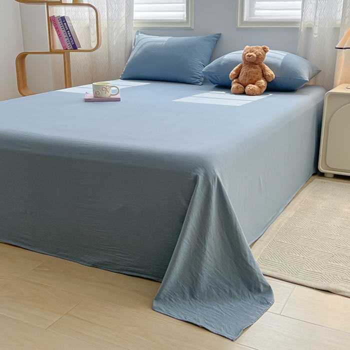 91家纺网 家纺一手货源 找家纺 温眠家纺 2025新款水洗棉色织单床单系列-叠拍 迷雾蓝