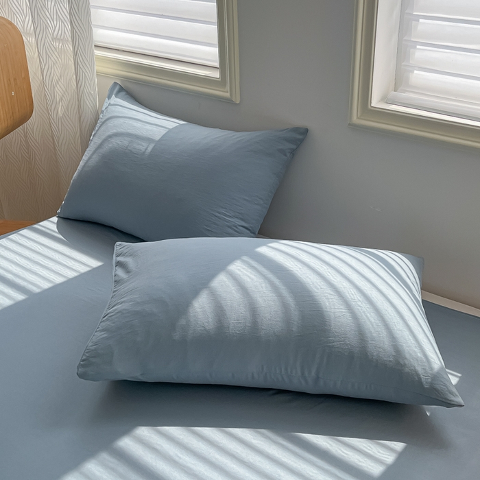 91家纺网 家纺一手货源 找家纺 温眠家纺 2025新款水洗棉色织单床单系列-叠拍 迷雾蓝