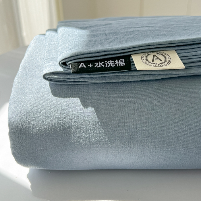 91家纺网 家纺一手货源 找家纺 温眠家纺 2025新款水洗棉色织单床单系列-叠拍 迷雾蓝