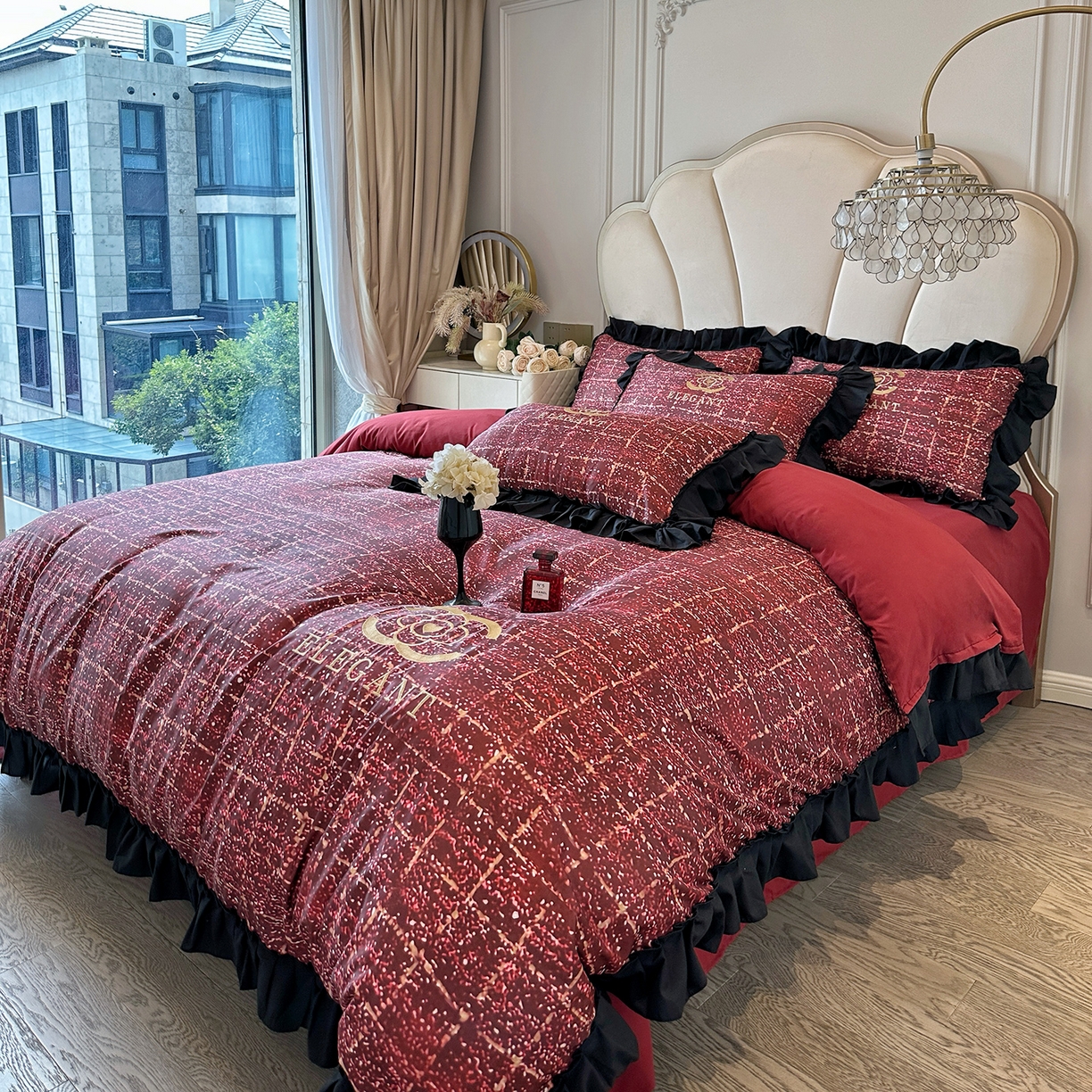 91家纺网 家纺一手货源 找家纺 苏源家居 2026新款韩式大牌风荷叶边款亲肤棉磨毛四件套 凡尔赛-砖红