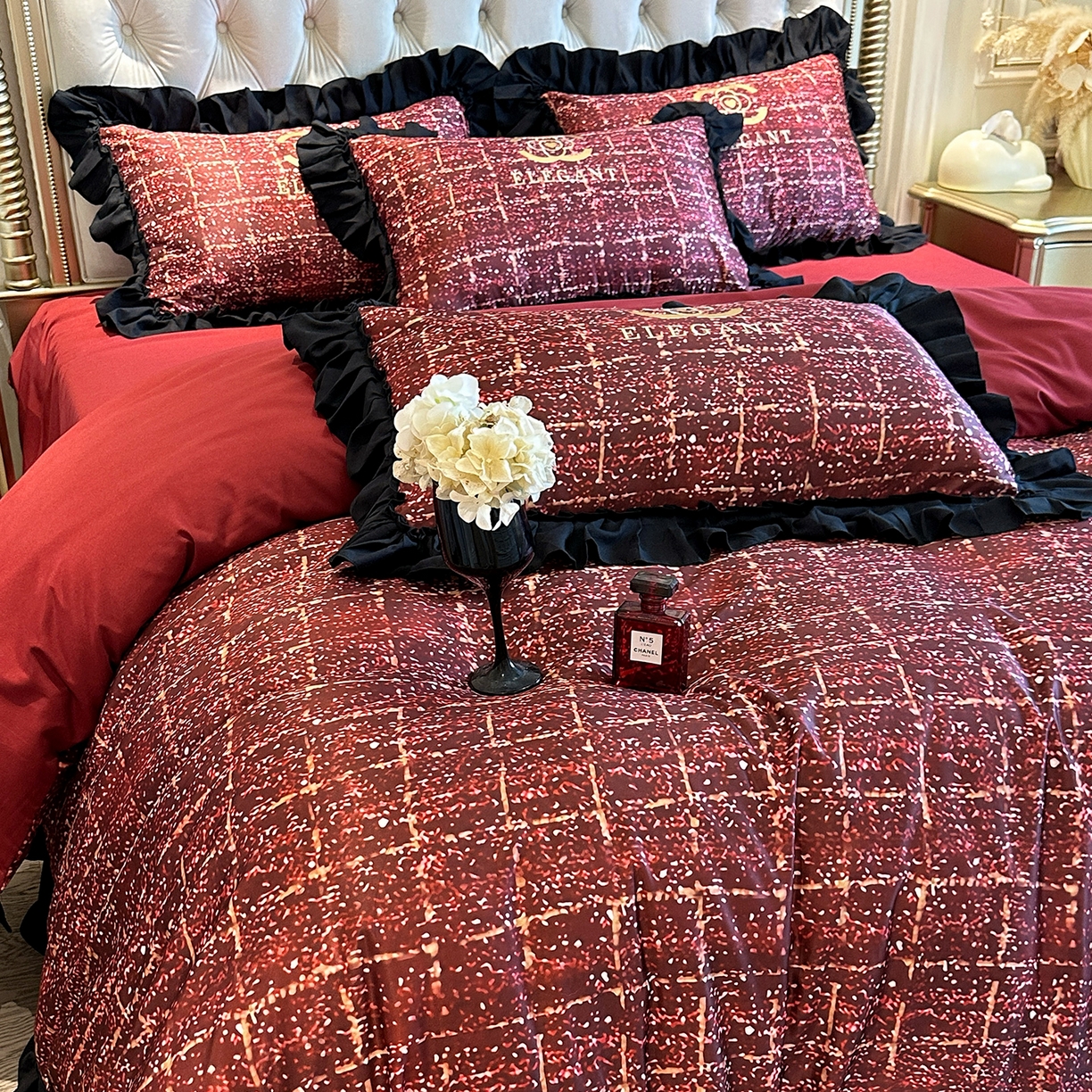 91家纺网 家纺一手货源 找家纺 苏源家居 2026新款韩式大牌风荷叶边款亲肤棉磨毛四件套 凡尔赛-砖红