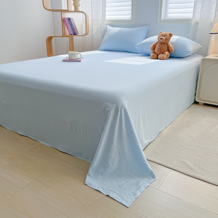 91家纺网 家纺一手货源 找家纺 温眠家纺 2025新款水洗棉色织单床单系列-叠拍 奶蓝