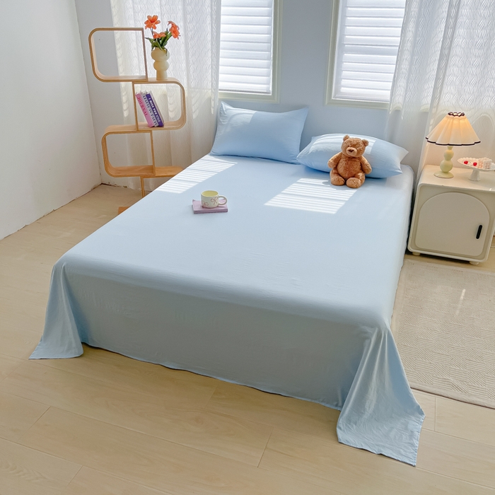 91家纺网 家纺一手货源 找家纺 温眠家纺 2025新款水洗棉色织单床单系列-叠拍 奶蓝