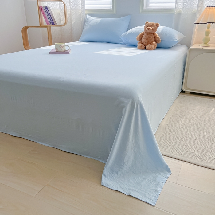 91家纺网 家纺一手货源 找家纺 温眠家纺 2025新款水洗棉色织单床单系列-叠拍 奶蓝