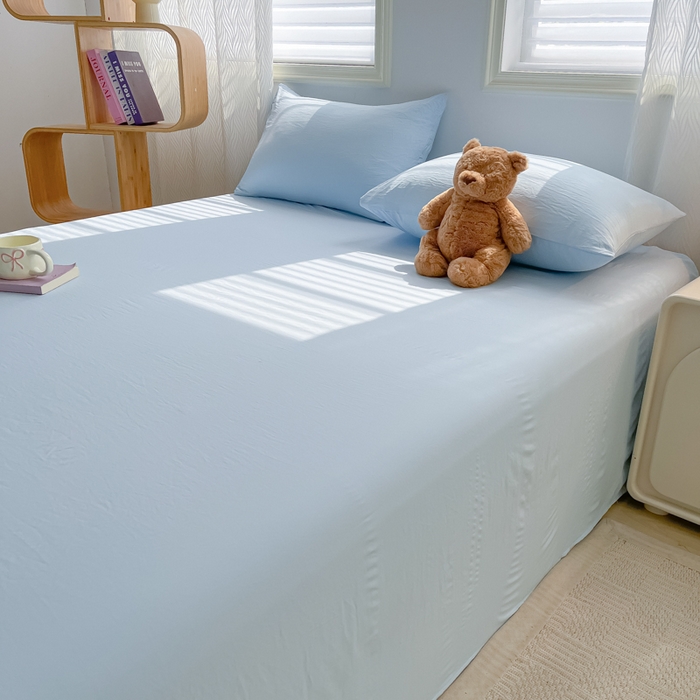 91家纺网 家纺一手货源 找家纺 温眠家纺 2025新款水洗棉色织单床单系列-叠拍 奶蓝