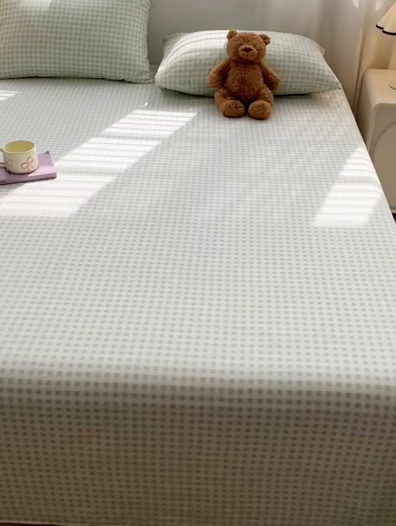 91家纺网 家纺一手货源 找家纺 温眠家纺 2025新款水洗棉色织单床单系列-叠拍 小绿格