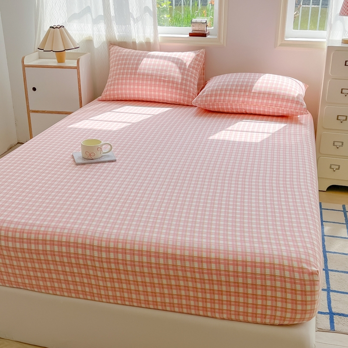 91家纺网 家纺一手货源 找家纺 （总）温眠家纺 2025新款纯色格子高克重水洗棉床笠全包围防滑床罩保护套单床笠