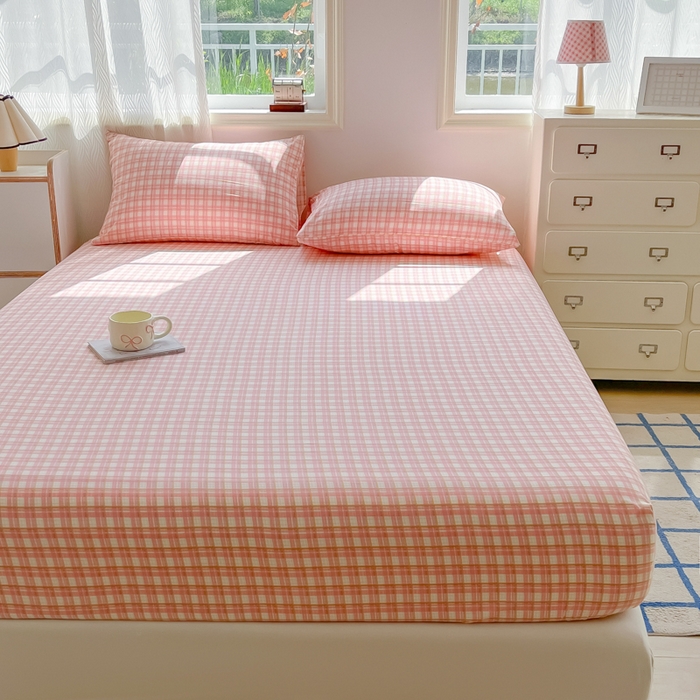 91家纺网 家纺一手货源 找家纺 温眠家纺 2025新款纯色格子高克重水洗棉床笠全包围防滑床罩保护套单床笠 典雅格-粉