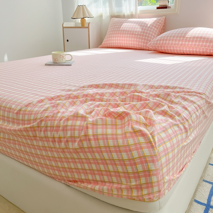 91家纺网 家纺一手货源 找家纺 温眠家纺 2025新款纯色格子高克重水洗棉床笠全包围防滑床罩保护套单床笠 典雅格-粉