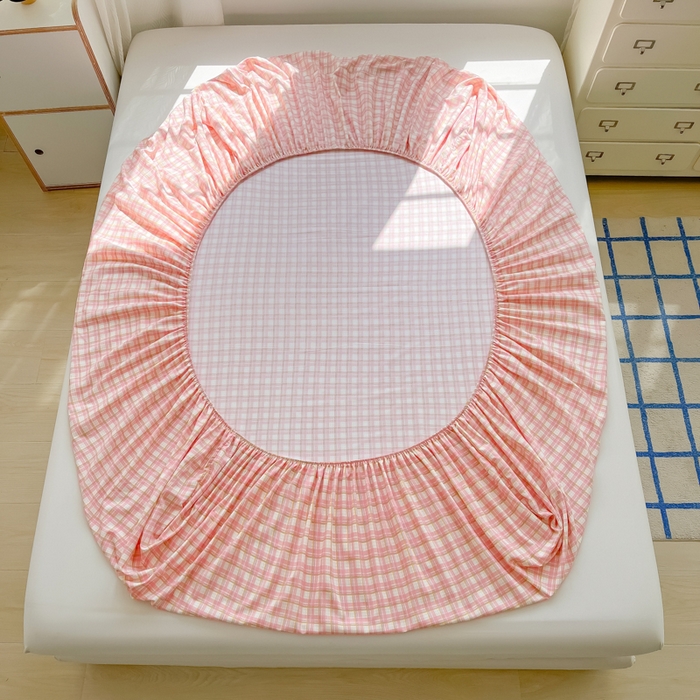 91家纺网 家纺一手货源 找家纺 温眠家纺 2025新款纯色格子高克重水洗棉床笠全包围防滑床罩保护套单床笠 典雅格-粉