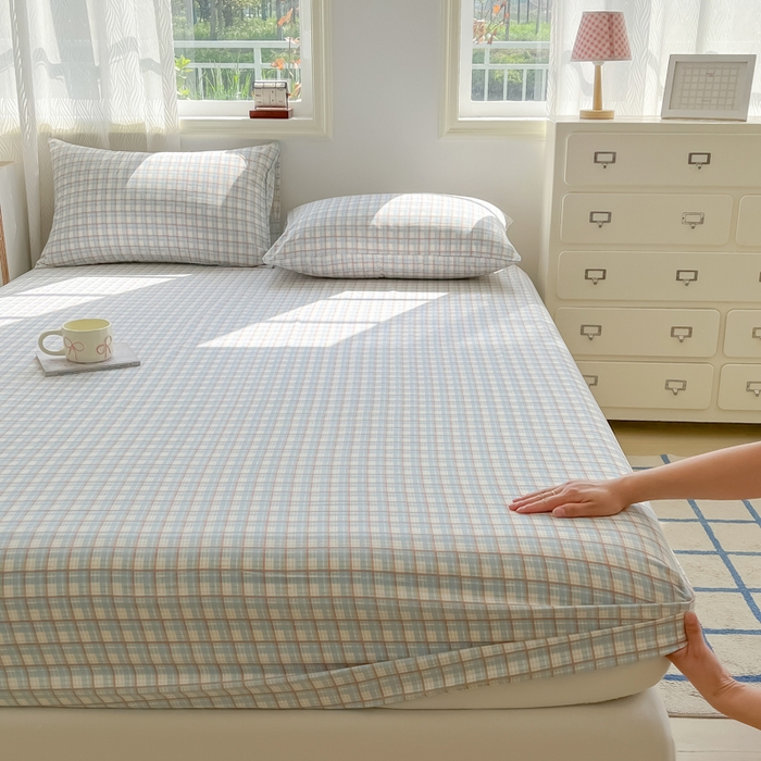 91家纺网 家纺一手货源 找家纺 温眠家纺 2025新款纯色格子高克重水洗棉床笠全包围防滑床罩保护套单床笠 典雅格-蓝