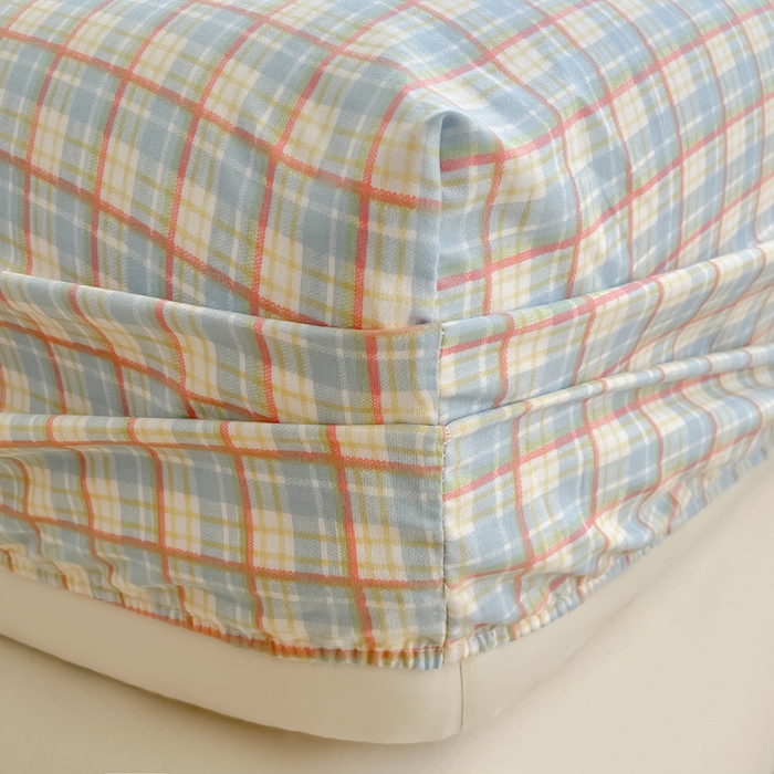 91家纺网 家纺一手货源 找家纺 温眠家纺 2025新款纯色格子高克重水洗棉床笠全包围防滑床罩保护套单床笠 典雅格-蓝