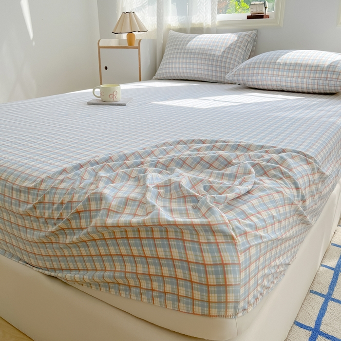 91家纺网 家纺一手货源 找家纺 温眠家纺 2025新款纯色格子高克重水洗棉床笠全包围防滑床罩保护套单床笠 典雅格-蓝