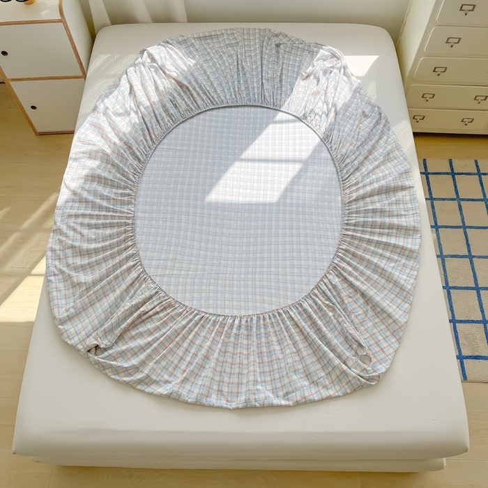 91家纺网 家纺一手货源 找家纺 温眠家纺 2025新款纯色格子高克重水洗棉床笠全包围防滑床罩保护套单床笠 典雅格-蓝