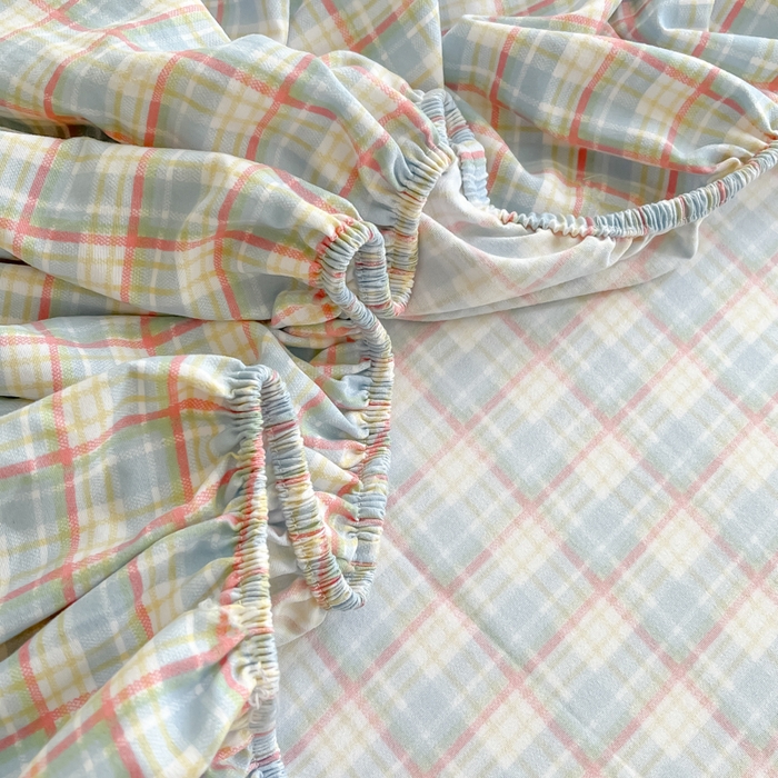 91家纺网 家纺一手货源 找家纺 温眠家纺 2025新款纯色格子高克重水洗棉床笠全包围防滑床罩保护套单床笠 典雅格-蓝