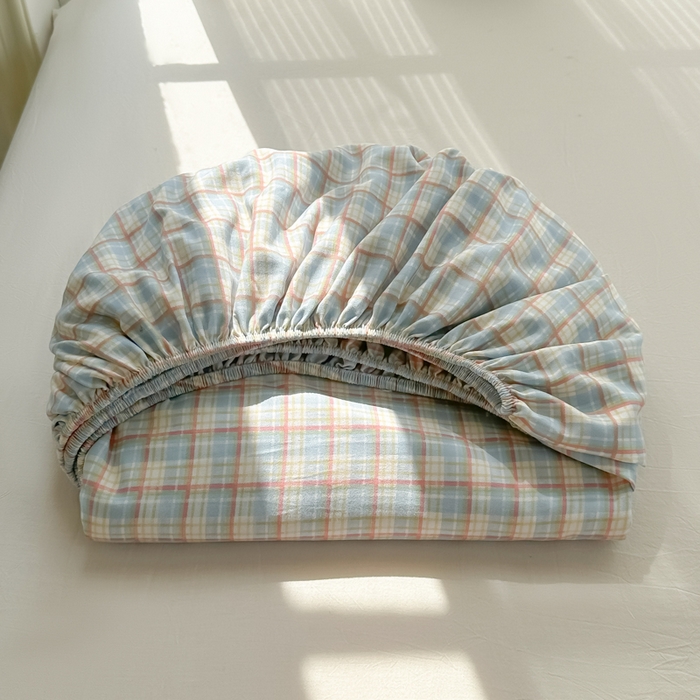 91家纺网 家纺一手货源 找家纺 温眠家纺 2025新款纯色格子高克重水洗棉床笠全包围防滑床罩保护套单床笠 典雅格-蓝