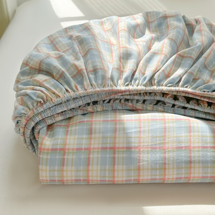 91家纺网 家纺一手货源 找家纺 温眠家纺 2025新款纯色格子高克重水洗棉床笠全包围防滑床罩保护套单床笠 典雅格-蓝