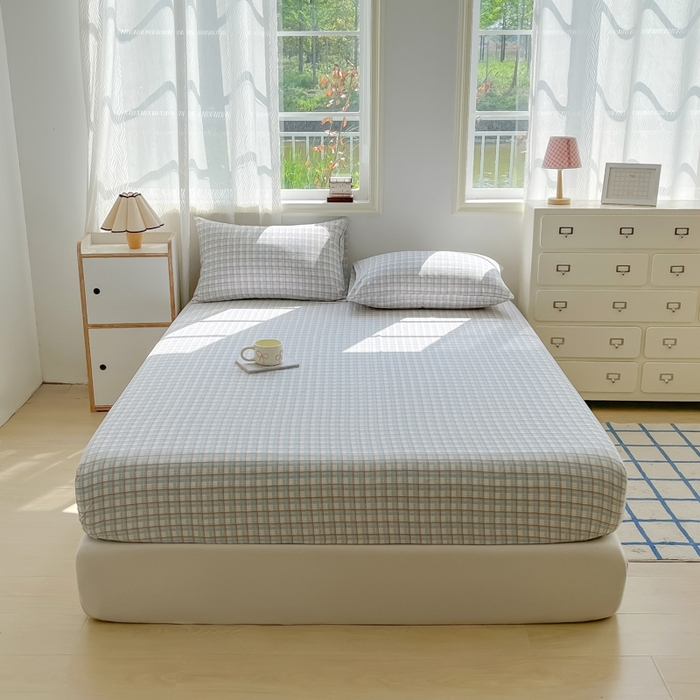 91家纺网 家纺一手货源 找家纺 温眠家纺 2025新款纯色格子高克重水洗棉床笠全包围防滑床罩保护套单床笠 典雅格-蓝