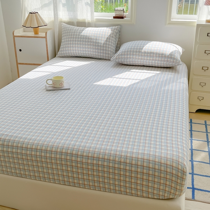 91家纺网 家纺一手货源 找家纺 温眠家纺 2025新款纯色格子高克重水洗棉床笠全包围防滑床罩保护套单床笠 典雅格-蓝
