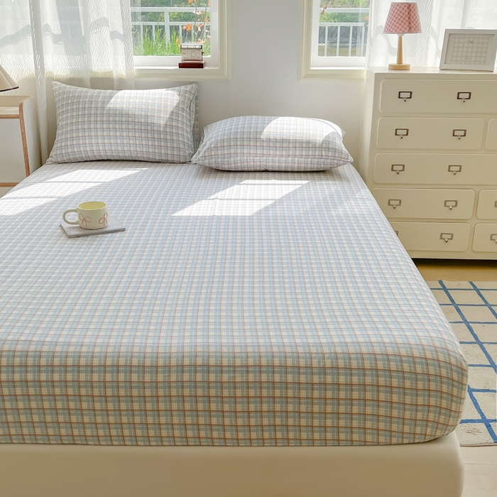 91家纺网 家纺一手货源 找家纺 温眠家纺 2025新款纯色格子高克重水洗棉床笠全包围防滑床罩保护套单床笠 典雅格-蓝