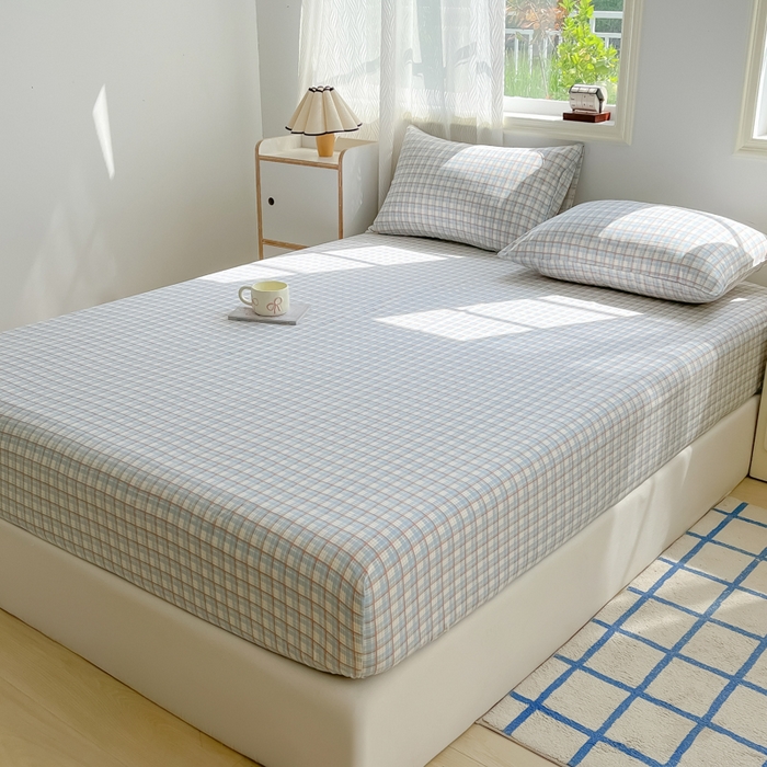 91家纺网 家纺一手货源 找家纺 温眠家纺 2025新款纯色格子高克重水洗棉床笠全包围防滑床罩保护套单床笠 典雅格-蓝