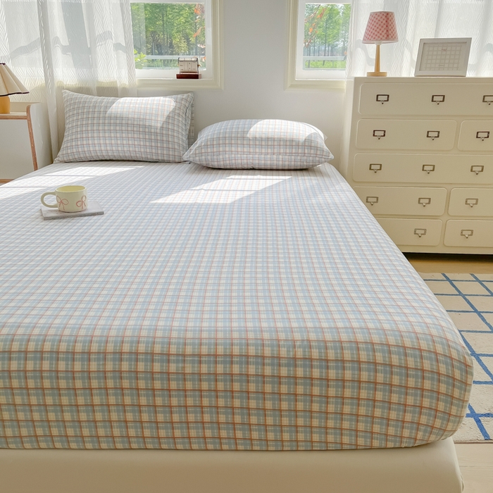 91家纺网 家纺一手货源 找家纺 温眠家纺 2025新款纯色格子高克重水洗棉床笠全包围防滑床罩保护套单床笠 典雅格-蓝