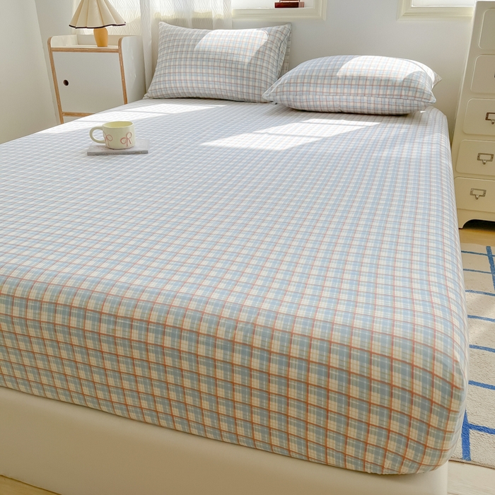 91家纺网 家纺一手货源 找家纺 温眠家纺 2025新款纯色格子高克重水洗棉床笠全包围防滑床罩保护套单床笠 典雅格-蓝