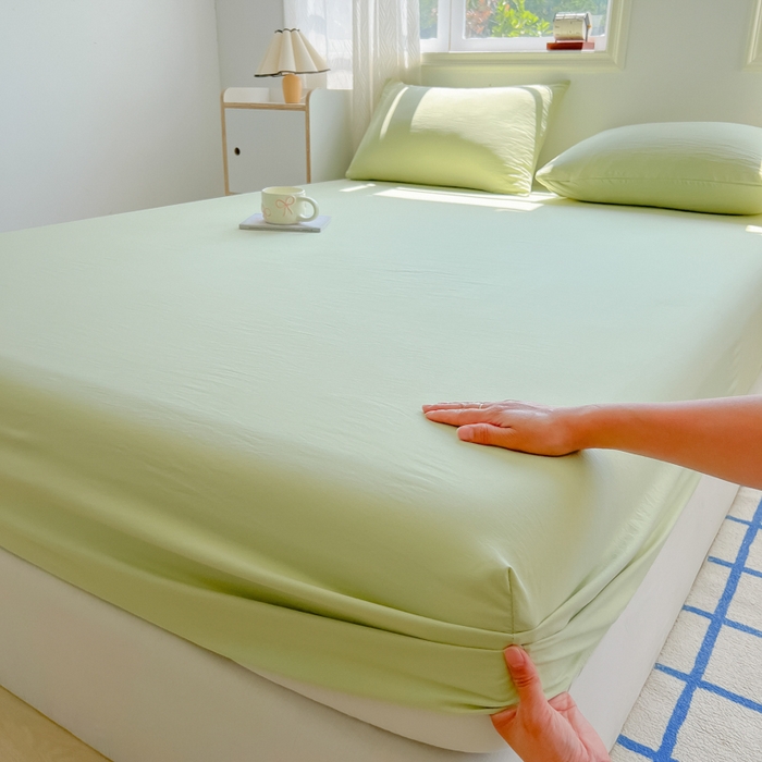 温眠家纺 2025新款纯色格子高克重水洗棉床笠全包围防滑床罩保护套单床笠 豆绿