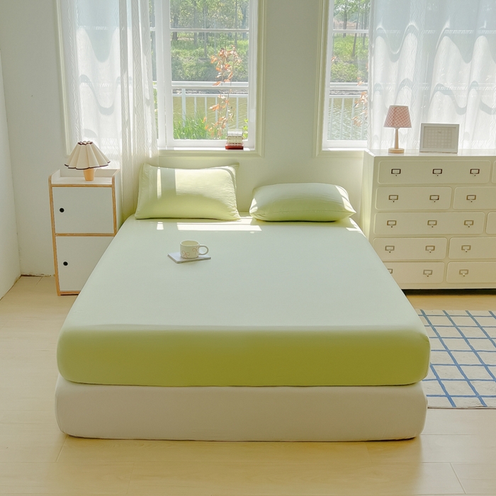 91家纺网 家纺一手货源 找家纺 温眠家纺 2025新款纯色格子高克重水洗棉床笠全包围防滑床罩保护套单床笠 豆绿