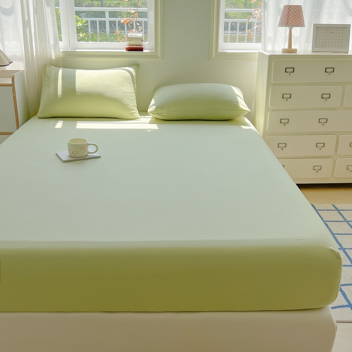 91家纺网 家纺一手货源 找家纺 温眠家纺 2025新款纯色格子高克重水洗棉床笠全包围防滑床罩保护套单床笠 豆绿