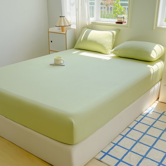 91家纺网 家纺一手货源 找家纺 温眠家纺 2025新款纯色格子高克重水洗棉床笠全包围防滑床罩保护套单床笠 豆绿