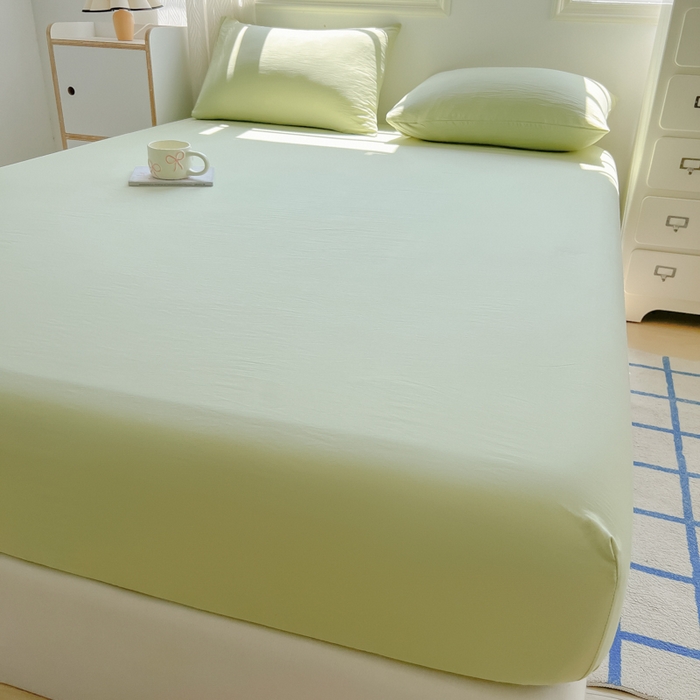 91家纺网 家纺一手货源 找家纺 温眠家纺 2025新款纯色格子高克重水洗棉床笠全包围防滑床罩保护套单床笠 豆绿