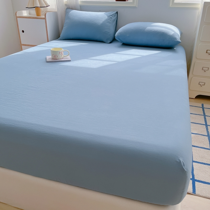 91家纺网 家纺一手货源 找家纺 温眠家纺 2025新款纯色格子高克重水洗棉床笠全包围防滑床罩保护套单床笠 迷雾蓝