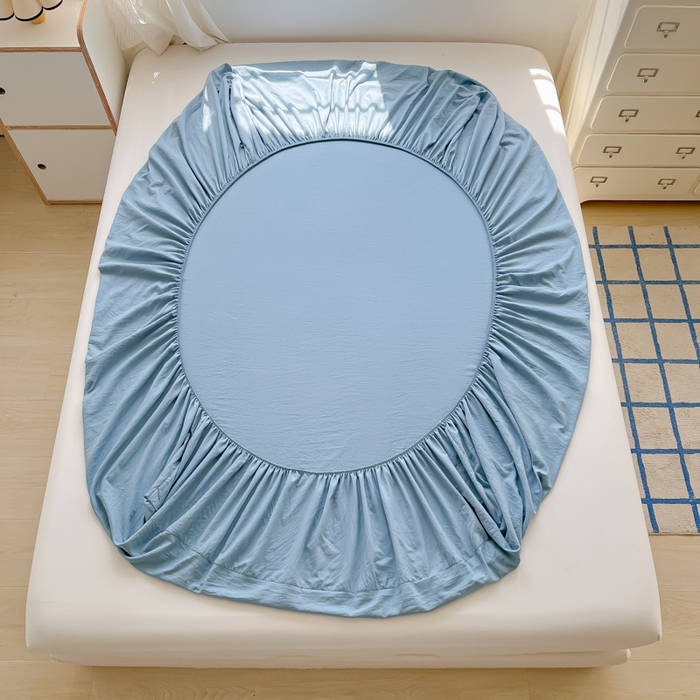 91家纺网 家纺一手货源 找家纺 温眠家纺 2025新款纯色格子高克重水洗棉床笠全包围防滑床罩保护套单床笠 迷雾蓝