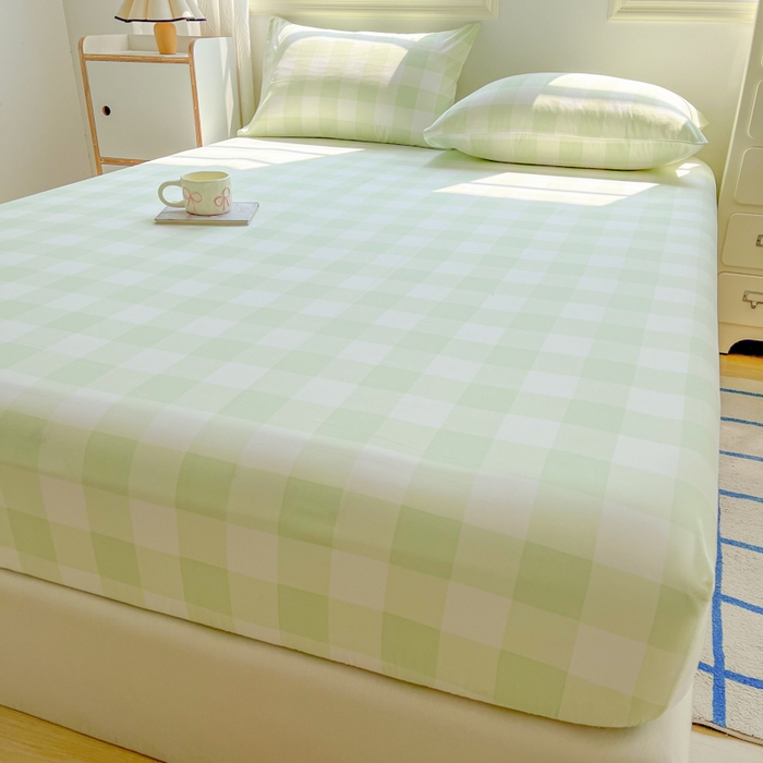 91家纺网 家纺一手货源 找家纺 温眠家纺 2025新款纯色格子高克重水洗棉床笠全包围防滑床罩保护套单床笠 茉莉青提