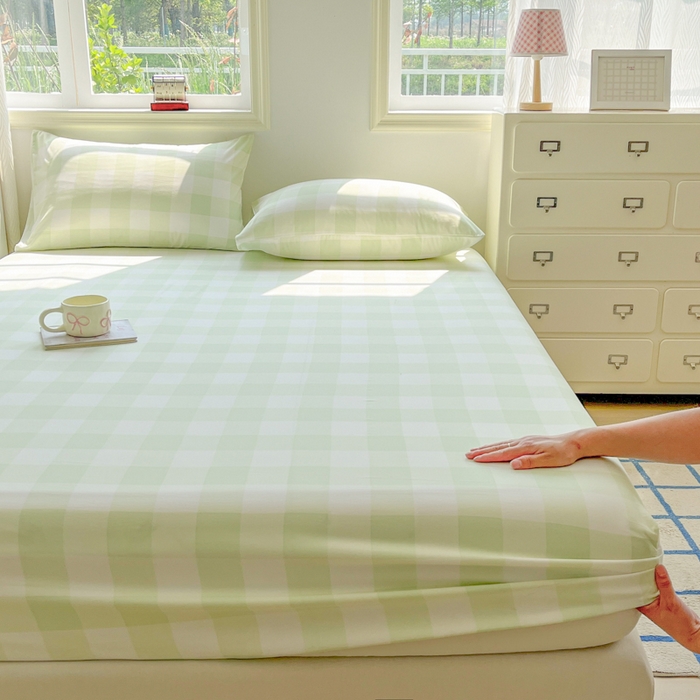 91家纺网 家纺一手货源 找家纺 温眠家纺 2025新款纯色格子高克重水洗棉床笠全包围防滑床罩保护套单床笠 茉莉青提