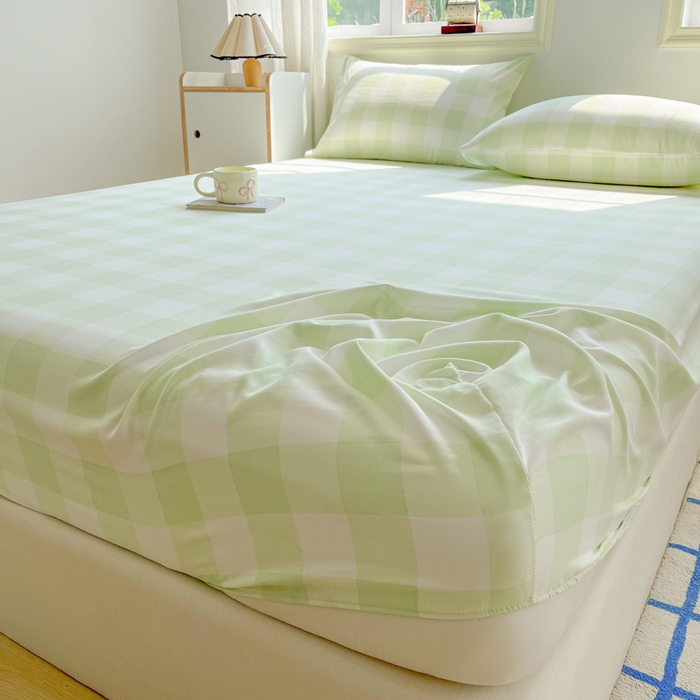 91家纺网 家纺一手货源 找家纺 温眠家纺 2025新款纯色格子高克重水洗棉床笠全包围防滑床罩保护套单床笠 茉莉青提