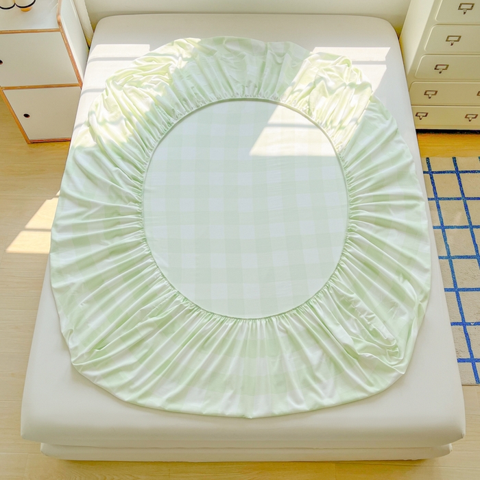 91家纺网 家纺一手货源 找家纺 温眠家纺 2025新款纯色格子高克重水洗棉床笠全包围防滑床罩保护套单床笠 茉莉青提