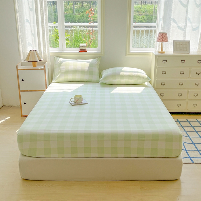 91家纺网 家纺一手货源 找家纺 温眠家纺 2025新款纯色格子高克重水洗棉床笠全包围防滑床罩保护套单床笠 茉莉青提