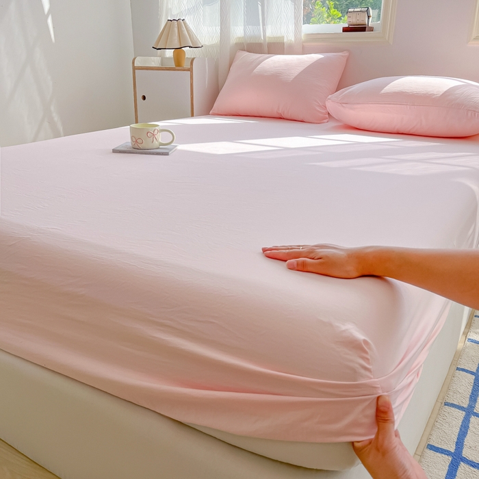 温眠家纺 2025新款纯色格子高克重水洗棉床笠全包围防滑床罩保护套单床笠 奶粉