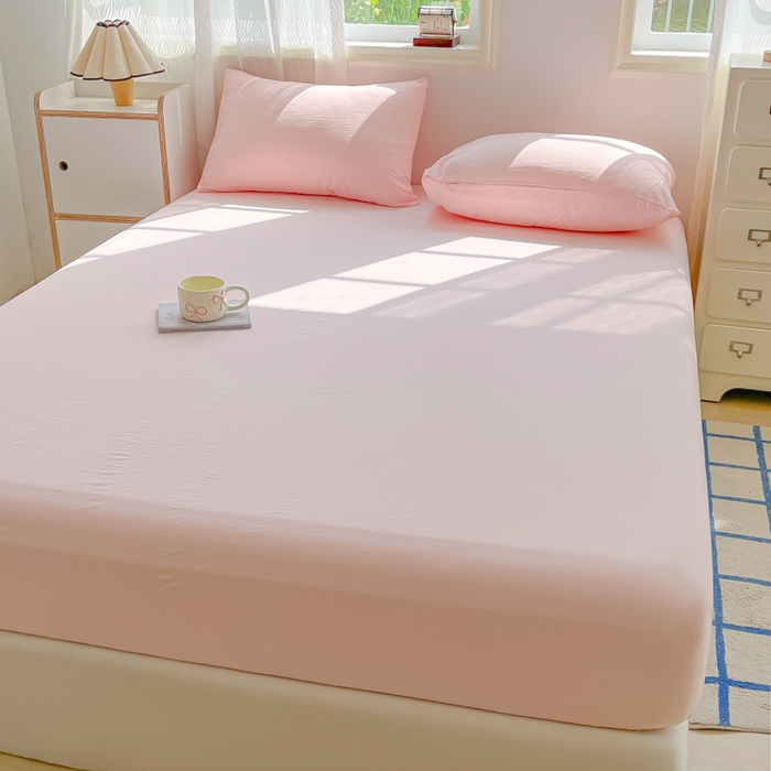 91家纺网 家纺一手货源 找家纺 温眠家纺 2025新款纯色格子高克重水洗棉床笠全包围防滑床罩保护套单床笠 奶粉