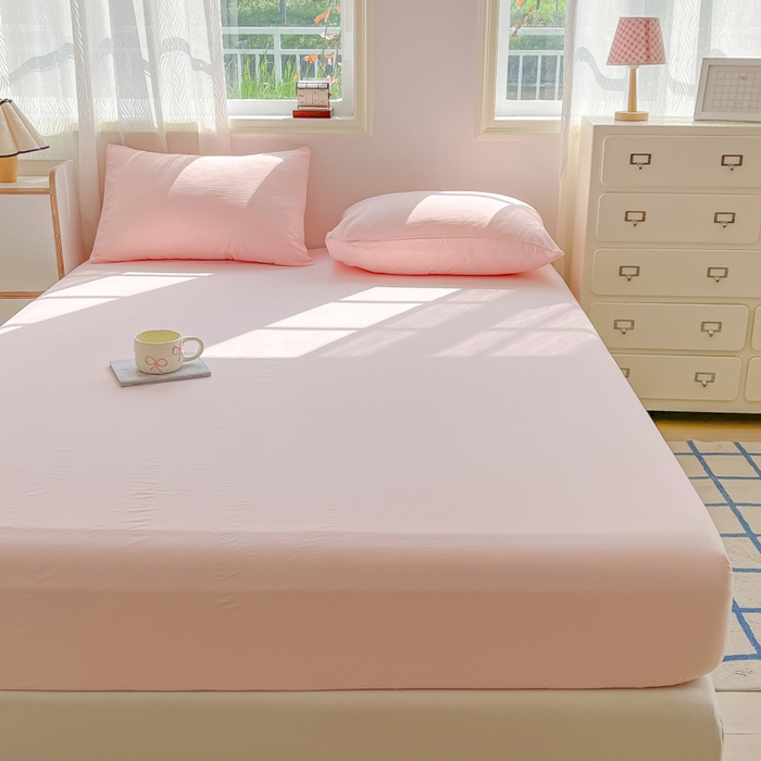 91家纺网 家纺一手货源 找家纺 温眠家纺 2025新款纯色格子高克重水洗棉床笠全包围防滑床罩保护套单床笠 奶粉