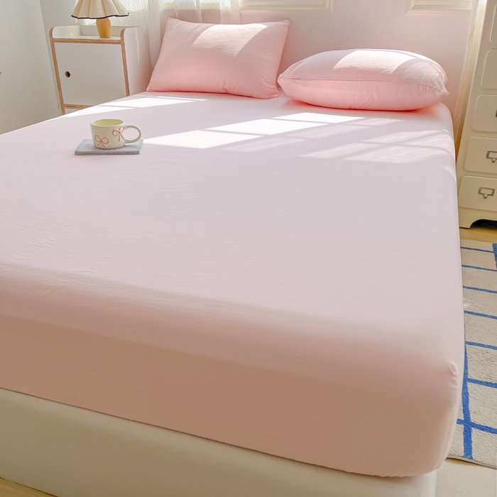 91家纺网 家纺一手货源 找家纺 温眠家纺 2025新款纯色格子高克重水洗棉床笠全包围防滑床罩保护套单床笠 奶粉