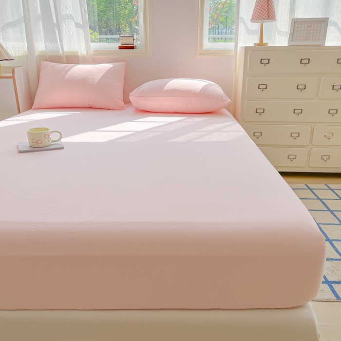 91家纺网 家纺一手货源 找家纺 温眠家纺 2025新款纯色格子高克重水洗棉床笠全包围防滑床罩保护套单床笠 奶粉