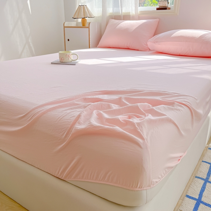 91家纺网 家纺一手货源 找家纺 温眠家纺 2025新款纯色格子高克重水洗棉床笠全包围防滑床罩保护套单床笠 奶粉