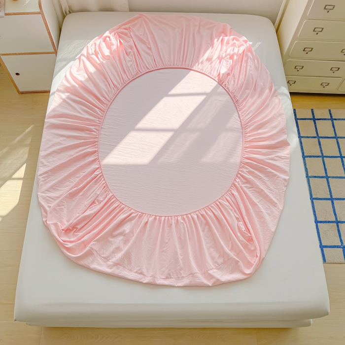 91家纺网 家纺一手货源 找家纺 温眠家纺 2025新款纯色格子高克重水洗棉床笠全包围防滑床罩保护套单床笠 奶粉