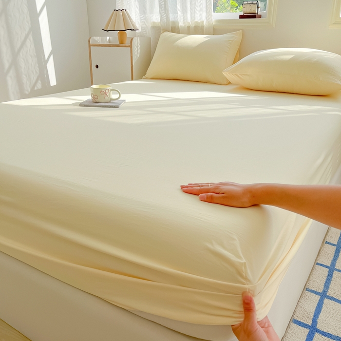 温眠家纺 2025新款纯色格子高克重水洗棉床笠全包围防滑床罩保护套单床笠 奶黄