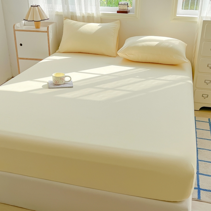 91家纺网 家纺一手货源 找家纺 温眠家纺 2025新款纯色格子高克重水洗棉床笠全包围防滑床罩保护套单床笠 奶黄